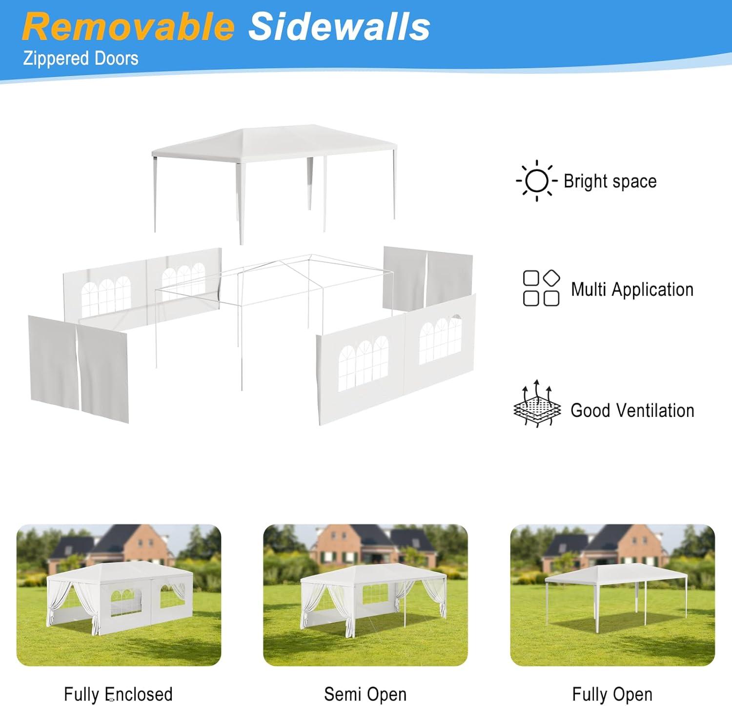ZENSTYLE Gazebo Party Outdoor Tent in White,10 x 20' with 6 Side Walls Wedding Canopy Cater Events