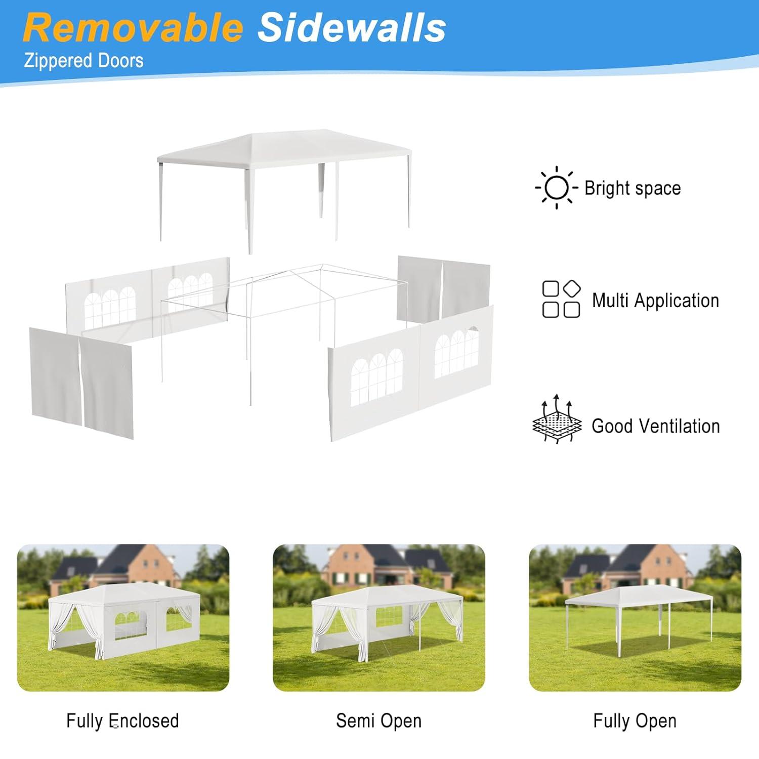 ZENSTYLE Gazebo Party Outdoor Tent in White,10 x 20' with 6 Side Walls Wedding Canopy Cater Events