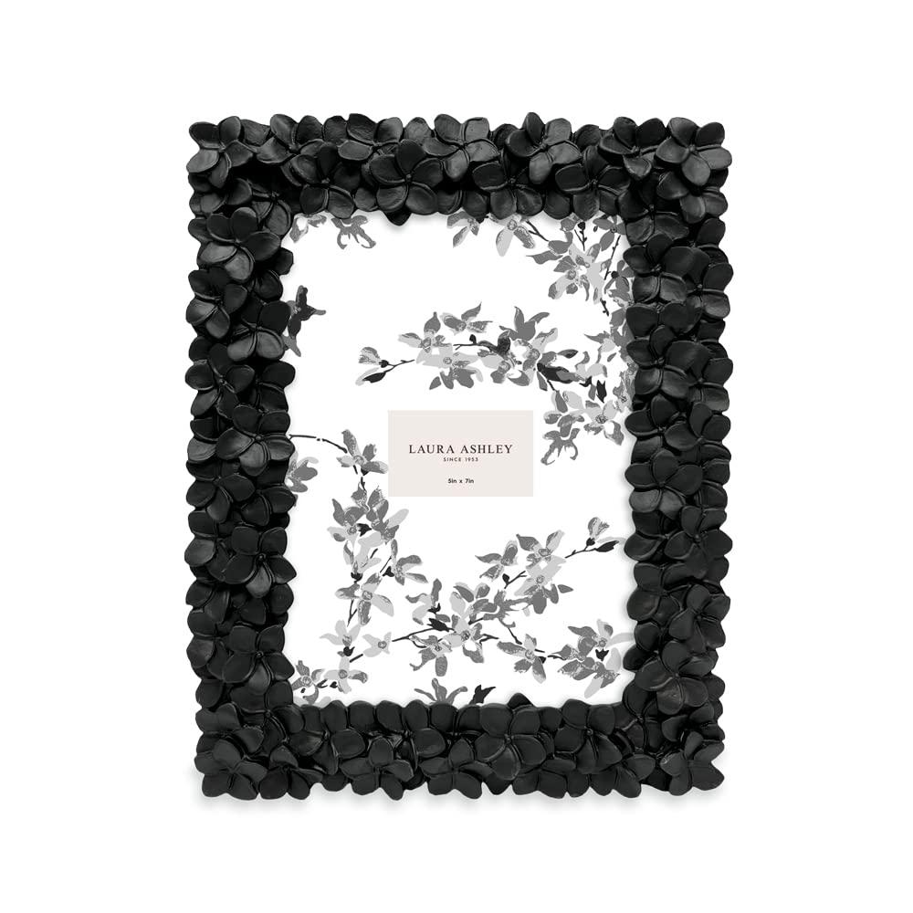 Laura Ashley 5x7 Black Flower Textured Hand-Crafted Resin Picture Frame w/Easel & Hook for Tabletop & Wall Display, Decorative Floral Design Home Décor, Photo Gallery, Art (5x7, Black)