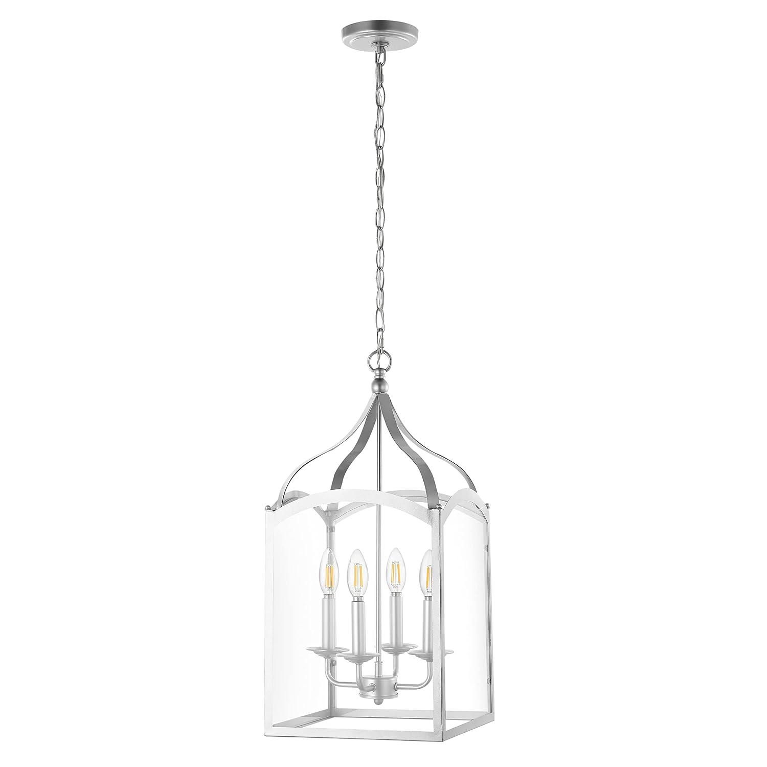 11" LED 4-light Ruth Classic Lantern Metal/Glass Pendant Silver - JONATHAN Y: ETL Listed, Adjustable Height