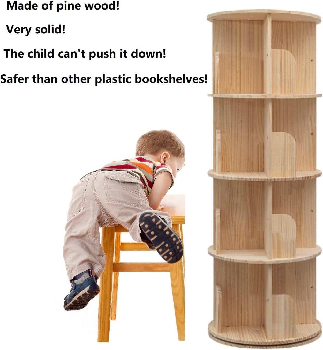 Pine Wood 4-Tier Rotating Kids Bookshelf Organizer