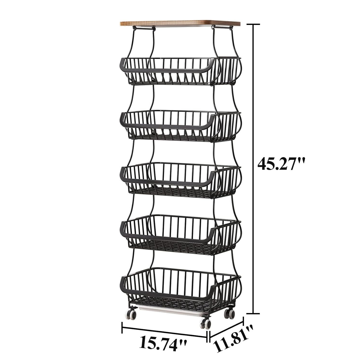 Wisdom Star 6 Tier Fruit Vegetable Basket for Kitchen with Wooden Tabletop, Storage Cart Vegetable Basket Bins for Onions and Potatoes, Wire Storage Basket Organizer Utility Cart with Wheels, Black