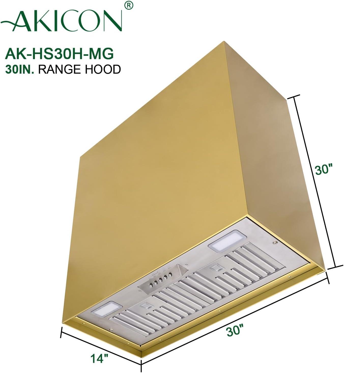 Akicon Stainless Steel Range Hood, Modern Box Kitchen Hood with Powerful Vent Motor, Wall Mount, 30”W*30”H*14D, Matte Gold (AKHS30H-MG)