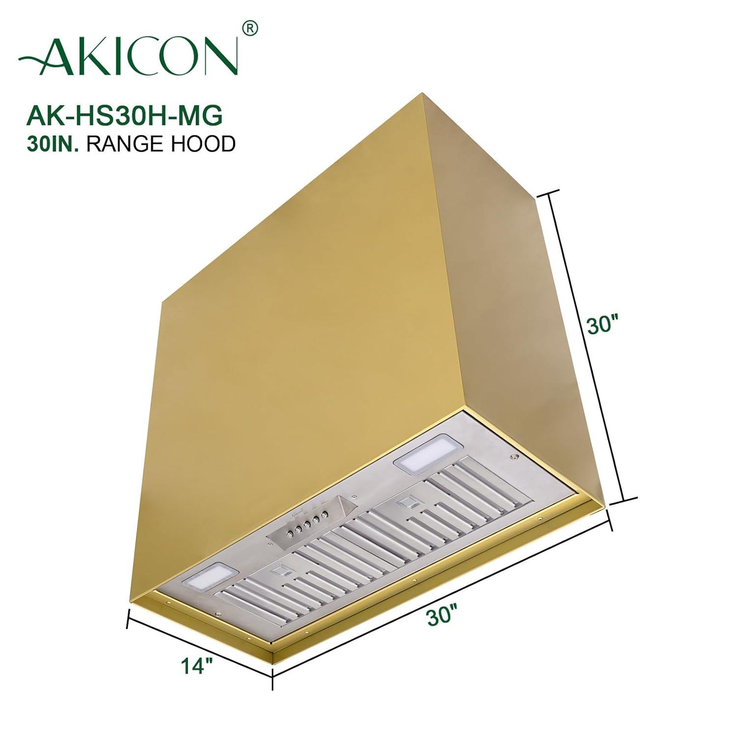 Akicon Stainless Steel Range Hood, Modern Box Kitchen Hood with Powerful Vent Motor, Wall Mount, 30”W*30”H*14D, Matte Gold (AKHS30H-MG)