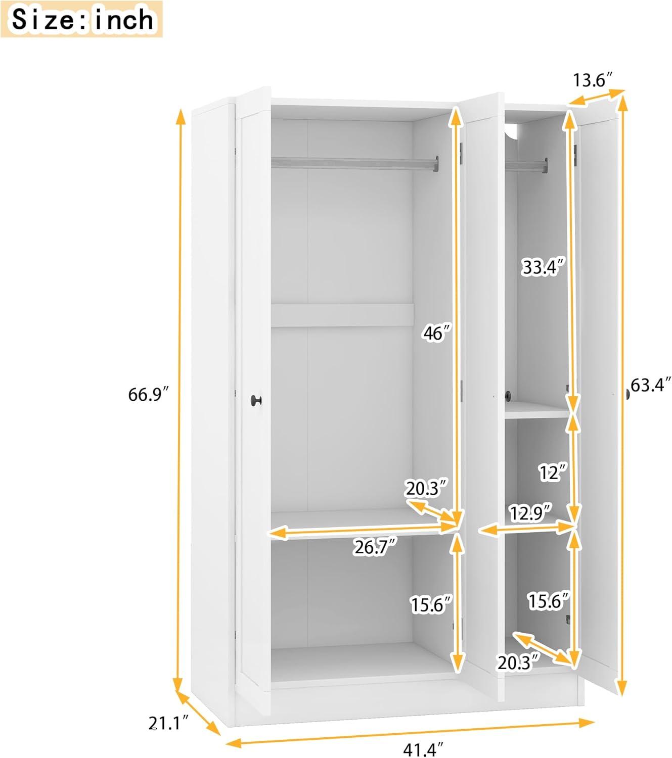 UBesGoo Large Wardrobe Armoire Wooden Closet with 3 Doors, Storage Cabinet  3 Storage Compartments, 2 Hanging Rods & Decorative Handles for Bedroom