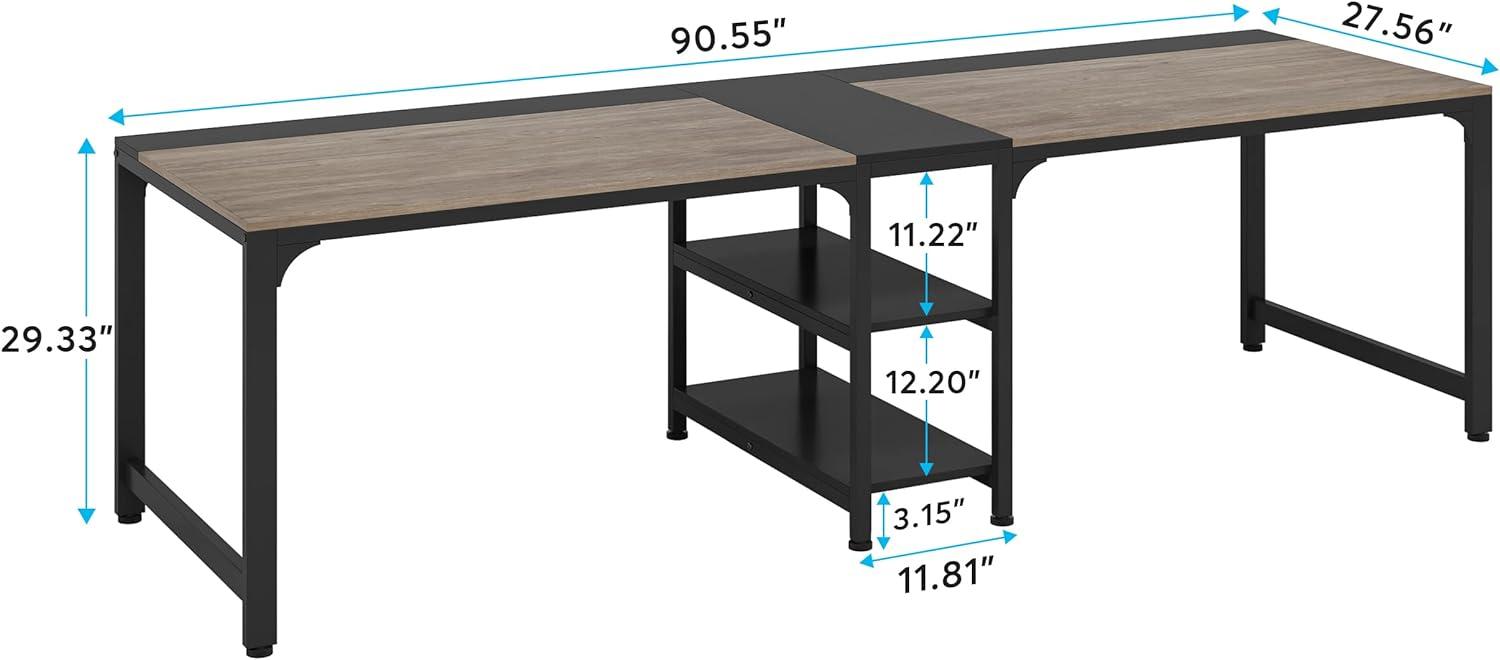 LITTLE TREE 90.55" Double Desk with Storage Shelf Gray/Black