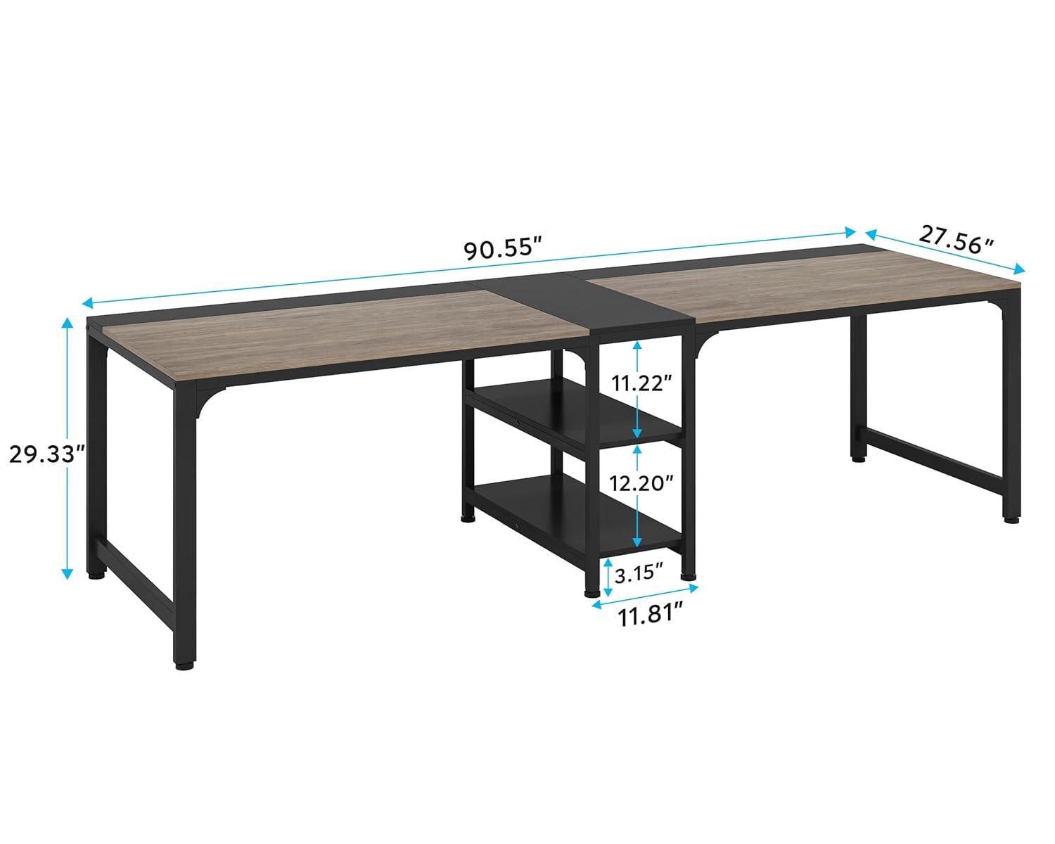 LITTLE TREE 90.55" Double Desk with Storage Shelf Gray/Black