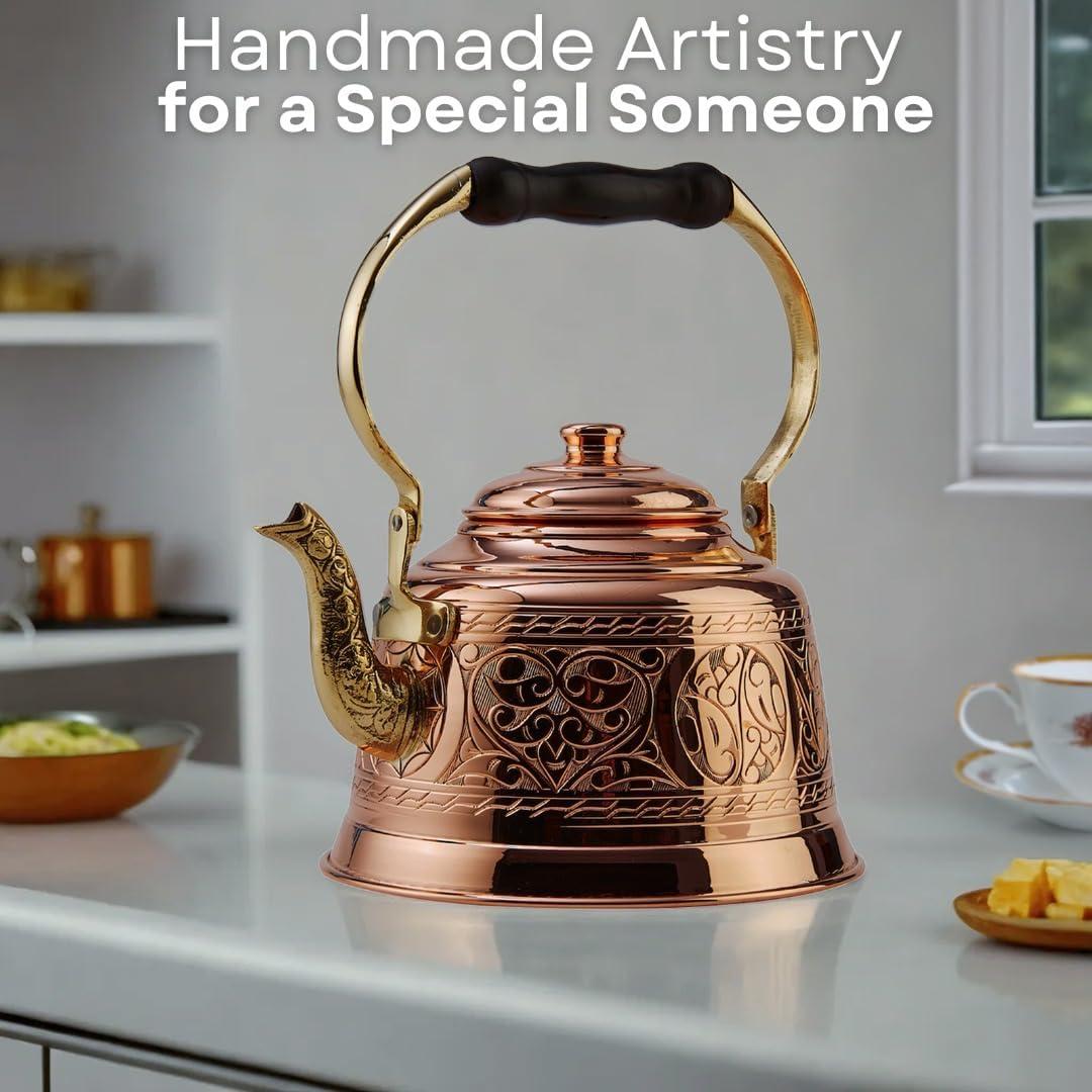 Handmade Engraved Copper Teapot with Brass Handle, 1.6-Quarts