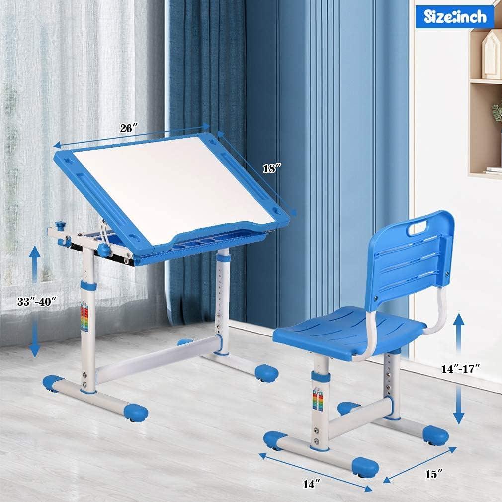 Adjustable Blue and White Kids Study Desk with Drawer and Cup Holder