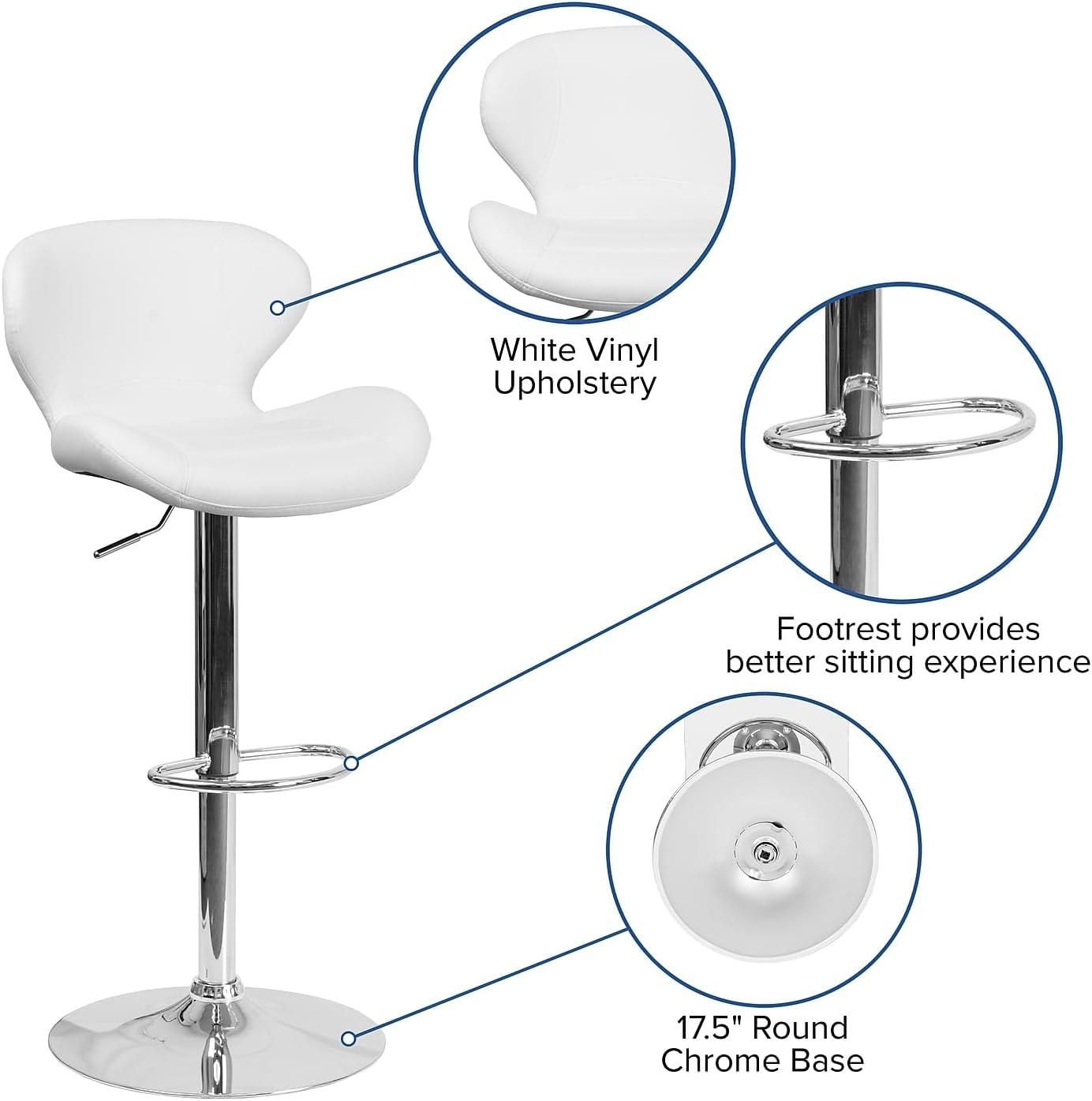 Flash Furniture Contemporary White Vinyl Adjustable Height Barstool with Curved Back and Chrome Base