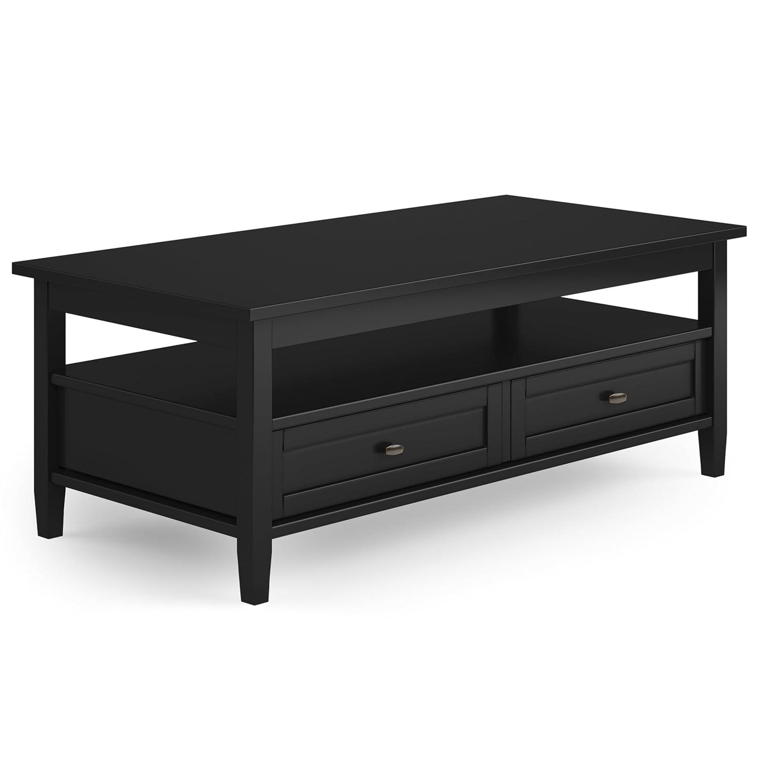 Simpli Home Warm Shaker 48"W Solid Wood Coffee Table with Two Storage Drawers and Open Shelf