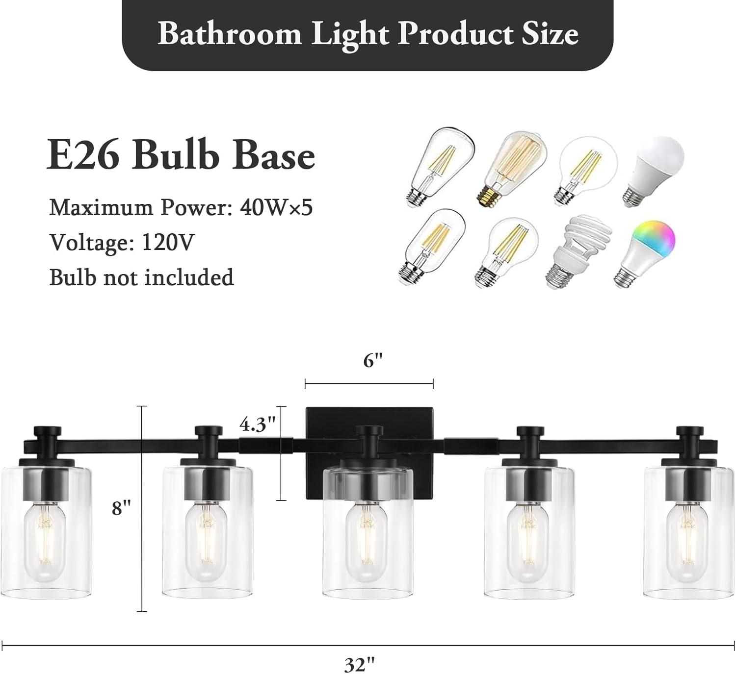 Matte Black 5-Light Bathroom Vanity Fixture with Glass Shades