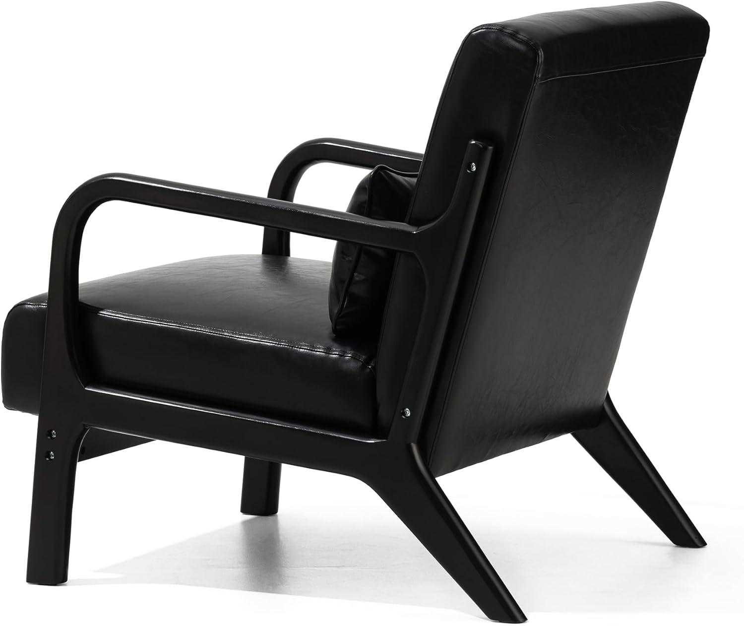 Mid-Century Modern Leatherette Arm Accent Chair Walnut Rubberwood Frame Navy Blue - Glitzhome: PU Upholstery, Tapered Legs, Office/Home Use