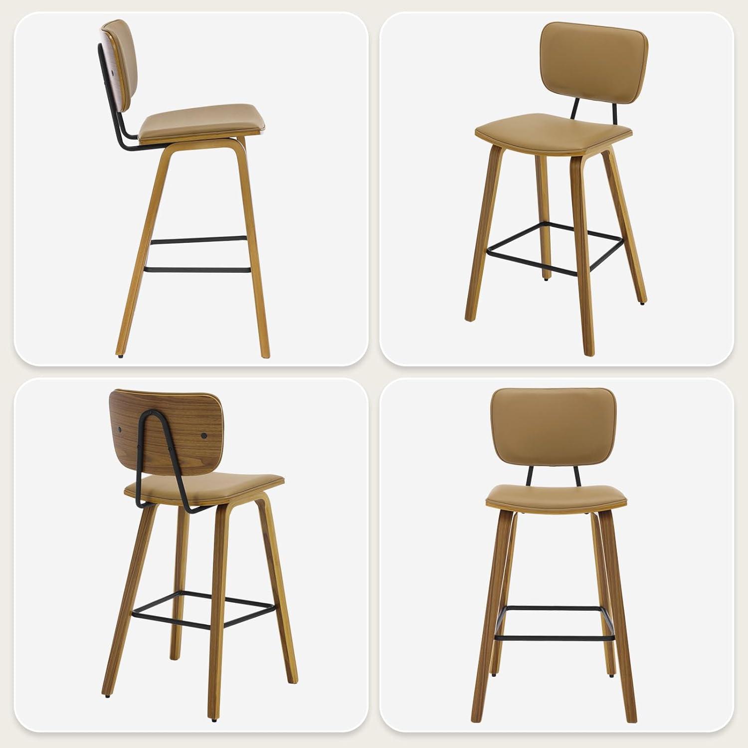 Brown PU Leather Upholstered Counter Stools with Wood Legs, Set of 3