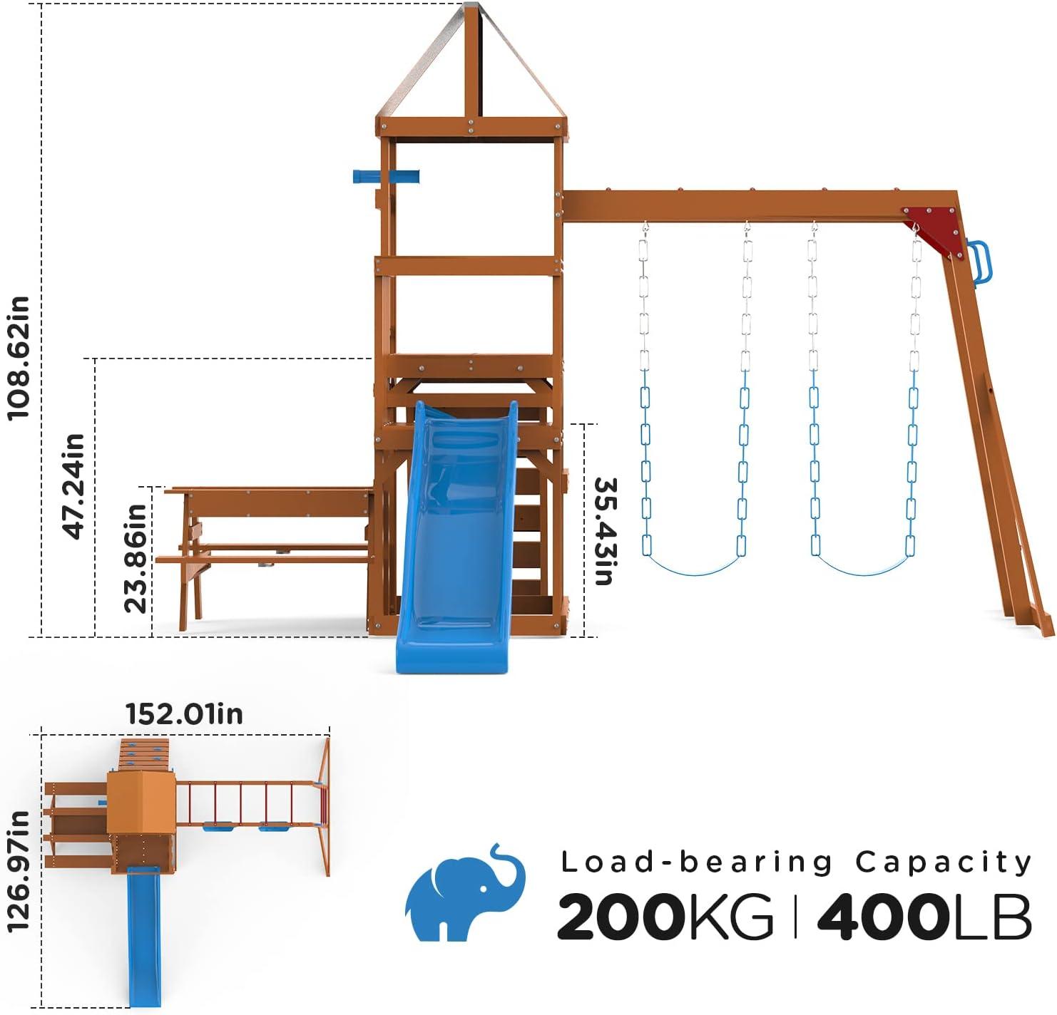 Dolphin Playground Wooden Swing Sets for Backyard, Family DIY Kit for Any Swings, Outdoor Playset for Kids with Trapeze Swing Bar and 2 Belt Swings, Heavy Duty Playground Accessories, Ages 3-10