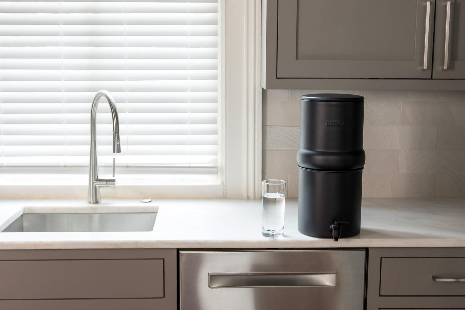 Compact. Boroux Gravity-Fed Countertop Stainless Steel Water Filter System | 1.8 Gallons with 2 Authentic Black Foundation. Filters | Matte Black