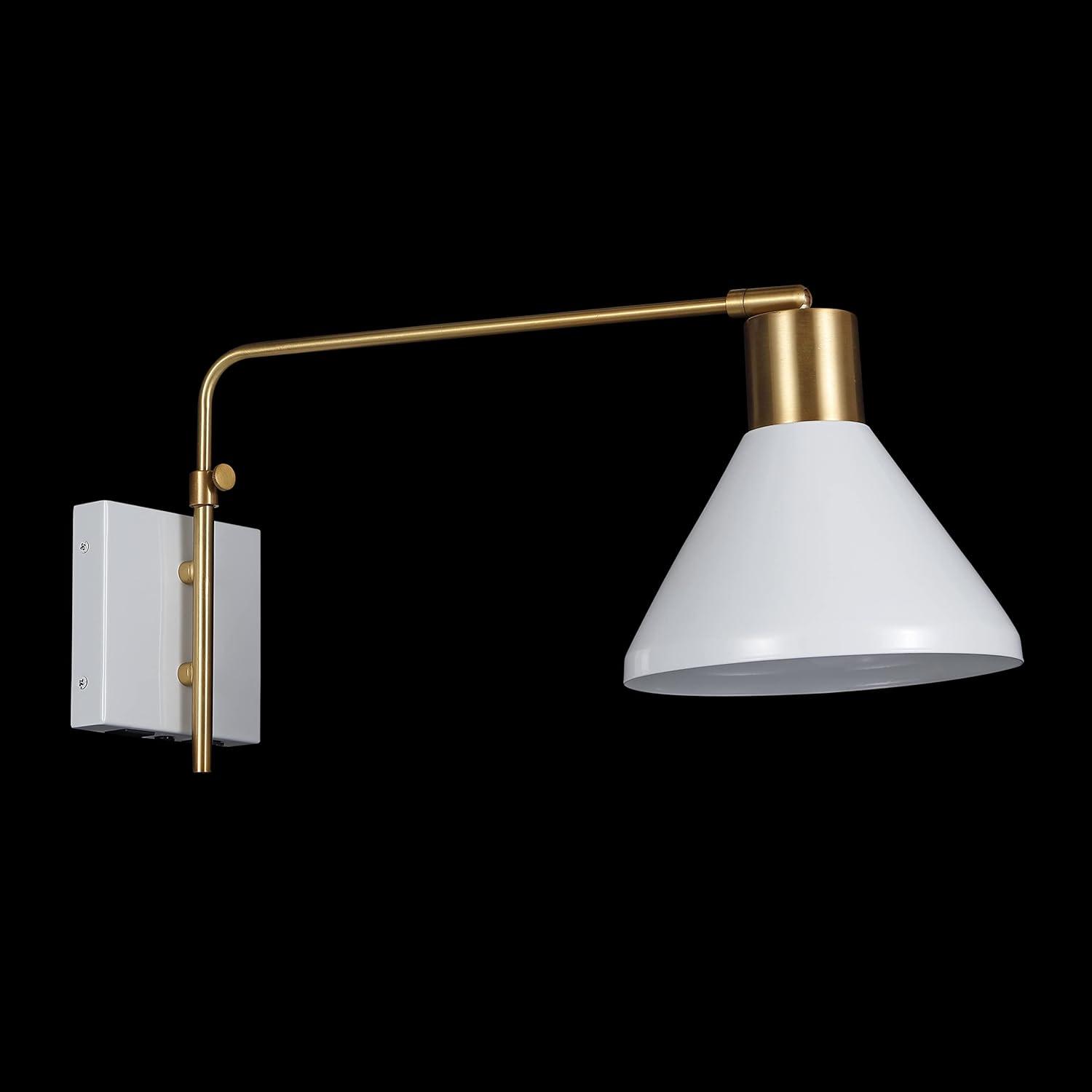 Max 20.5" Swing Arm 1-Light Modern Midcentury Iron USB Charging Port LED Sconce, White/Brass Gold