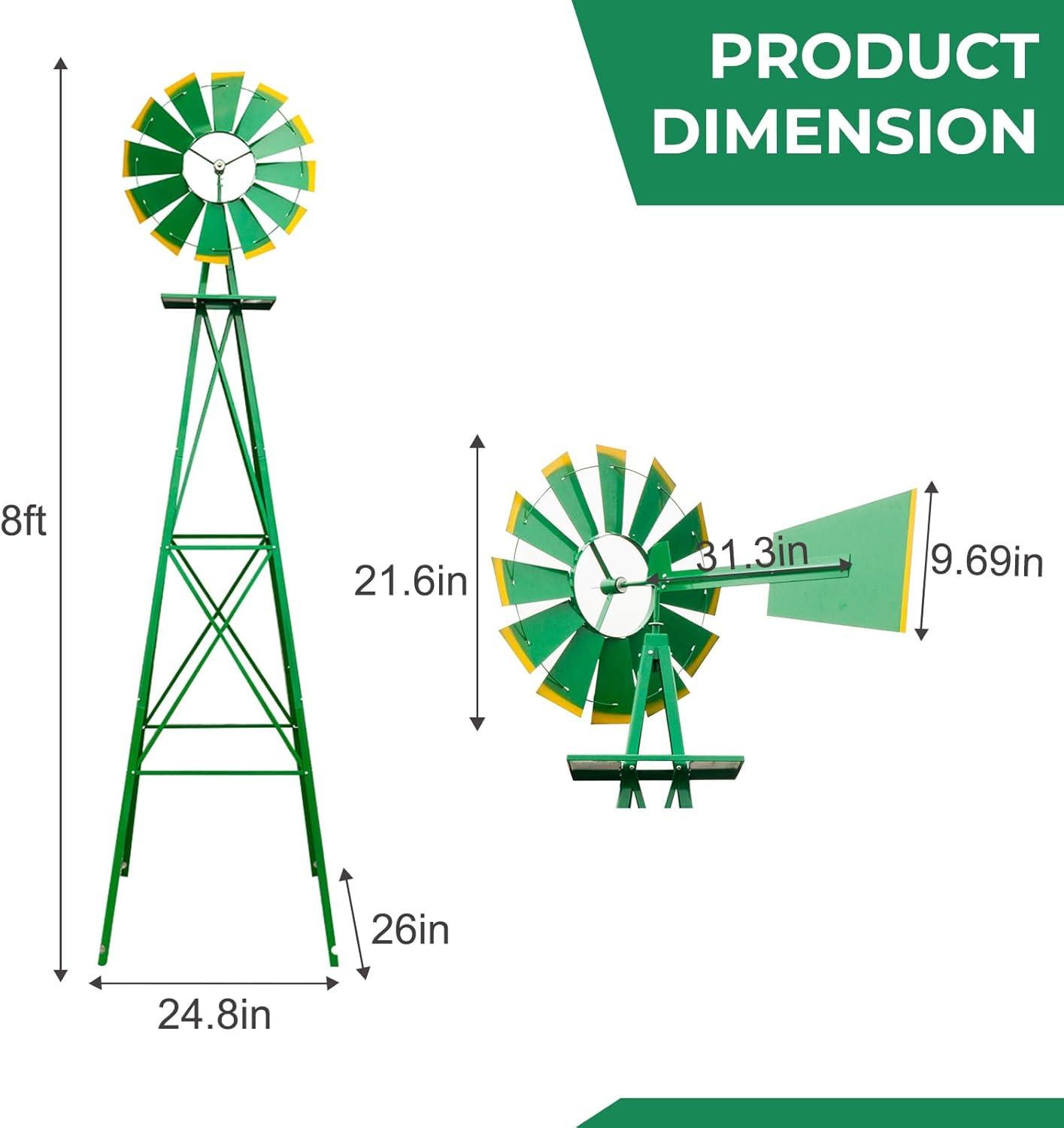 Outdoor Weather Resistant Yard Garden Windmill 8FT Green