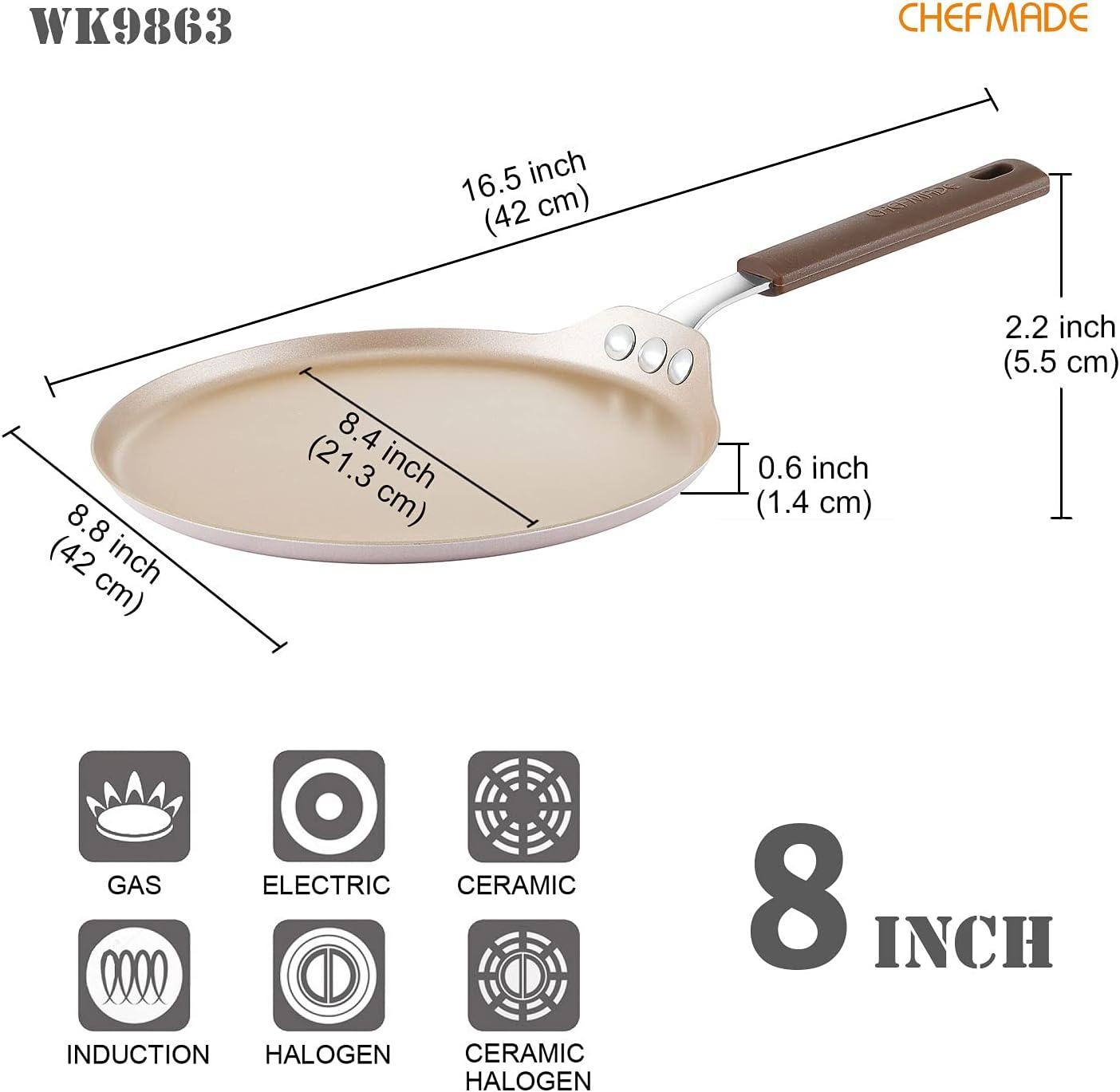 CHEFMADE 8-inch Non-Stick Crepe Pan with Bamboo Spreader & Silicone Handle, Compatible with Gas/Induction/Electric (Champagne Gold)