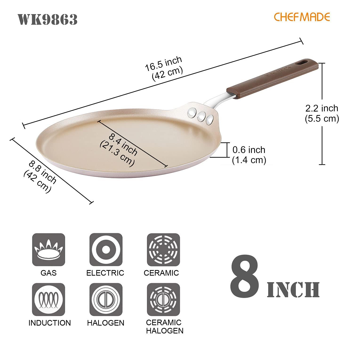 CHEFMADE 8-inch Non-Stick Crepe Pan with Bamboo Spreader & Silicone Handle, Compatible with Gas/Induction/Electric (Champagne Gold)