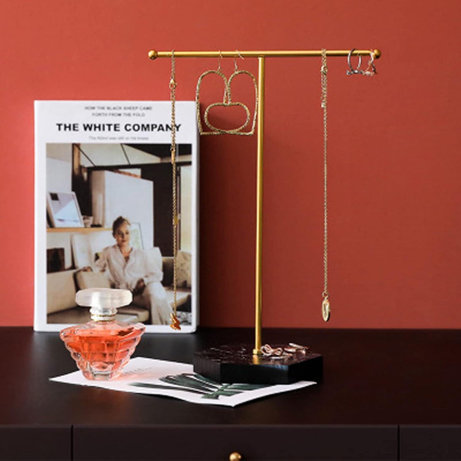 Jewelry Organizer Stand Display Necklace Holder T-Bar Plated Metal Desk Organizer Tower for Show Jewelry Hanging Pendant Earring Bracelet Ring Accessorie with White Marble Plywood Bases, White