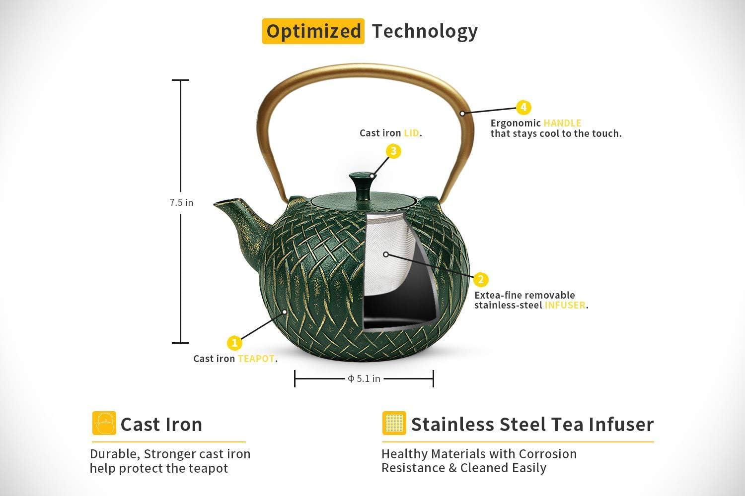 Lark Manor™ Tea Kettle,Cast Iron Tea Kettle For Stove Top, Stovetop Safe Teapot With Infusers For Loose Tea, 34 Ounce (1000 Ml), Dark Green Melody