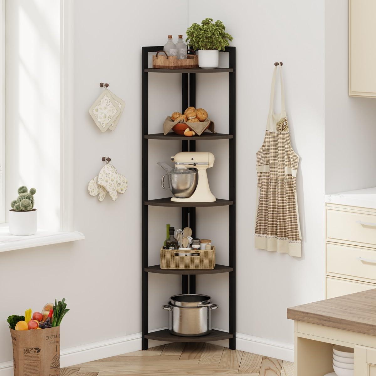 Walnut Brown 5-Tier Industrial Corner Bookshelf with Metal Frame