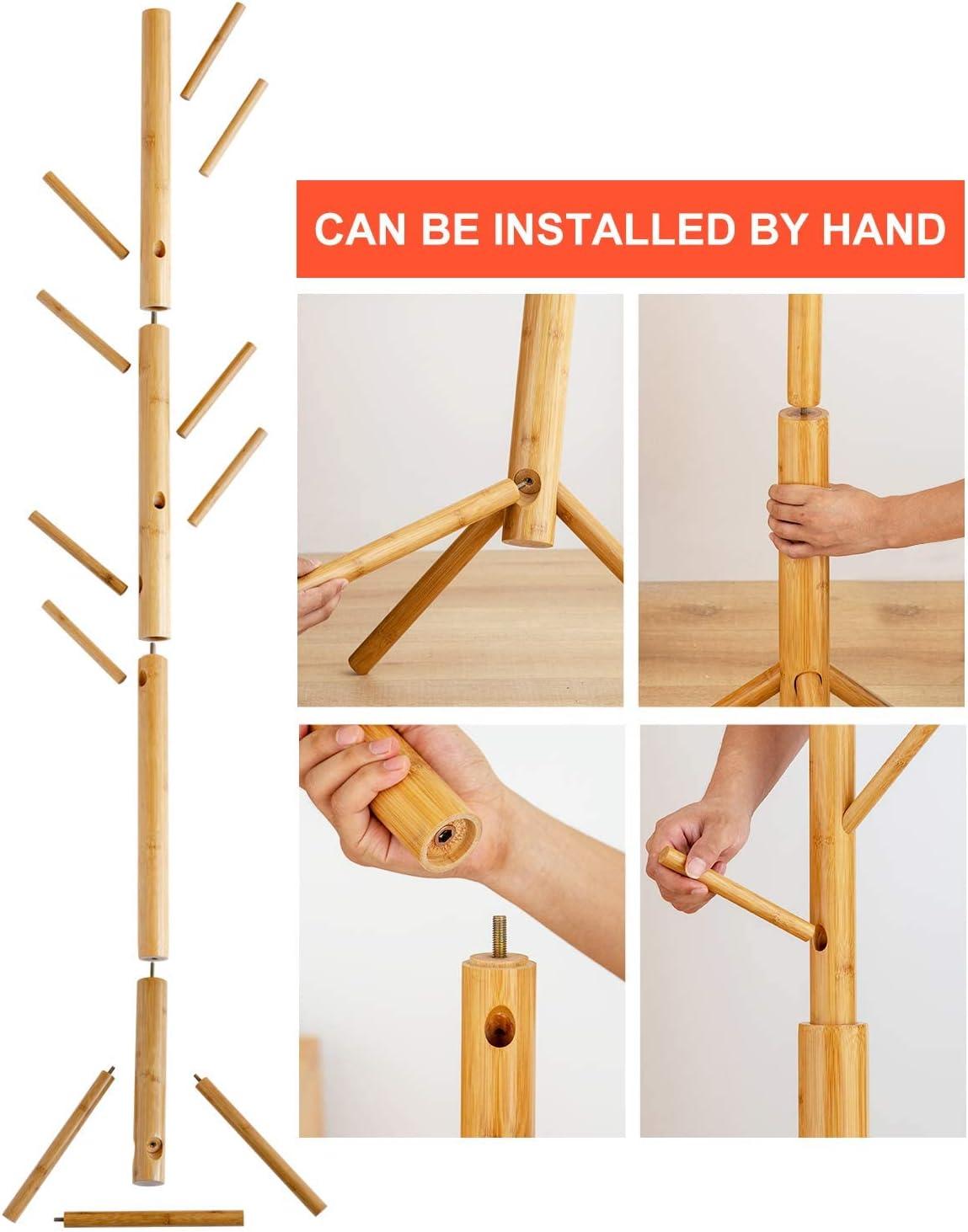 Adjustable Bamboo Freestanding Coat Rack with 8 Hooks