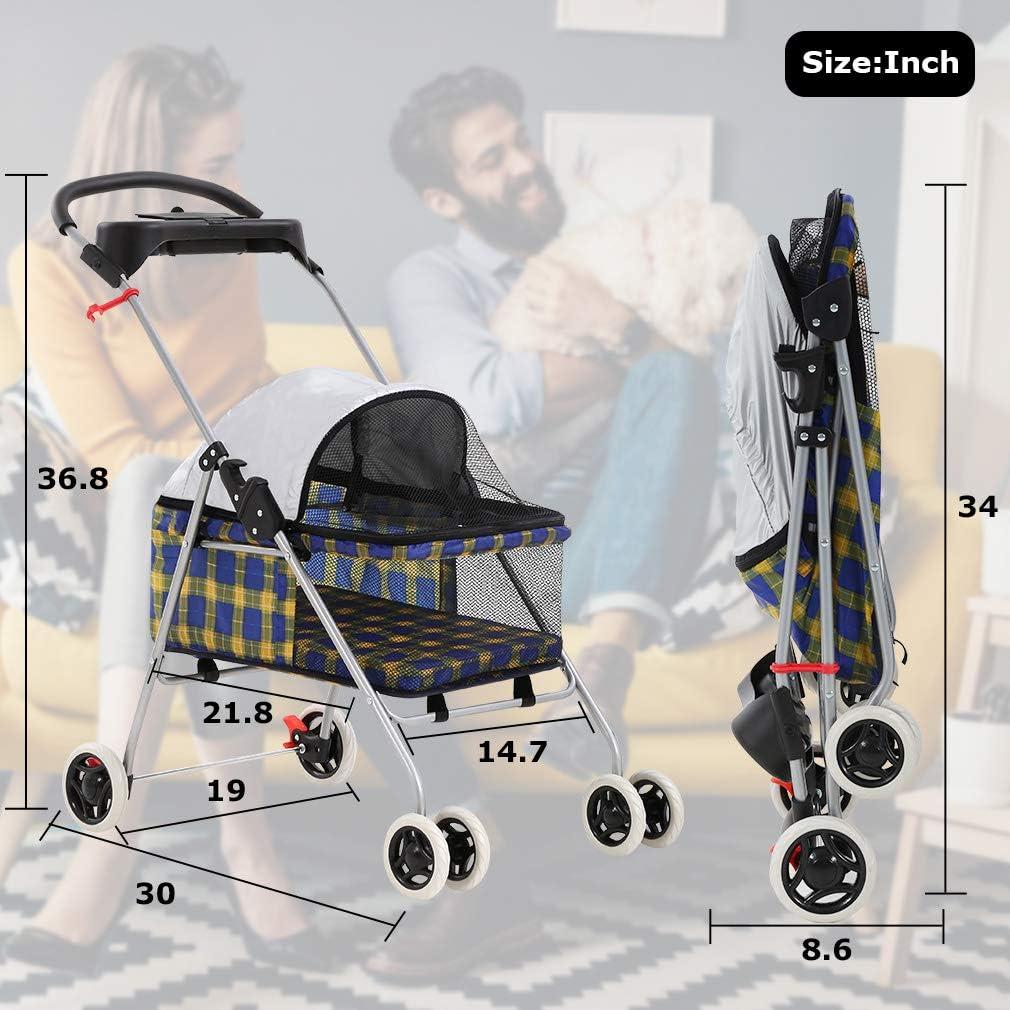 Bestpet Plaid Posh Pet Stroller for Dogs and Cats with Cup Holder, Yellow