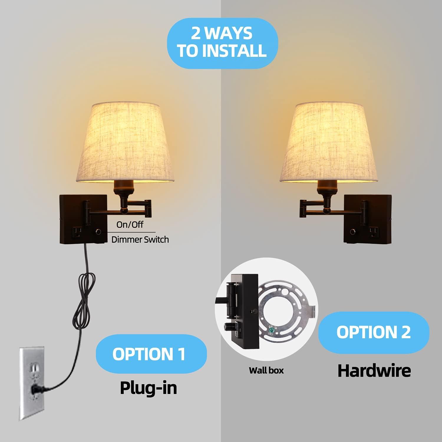 Black Swing Arm Wall Lamp with Fabric Shade and USB Port