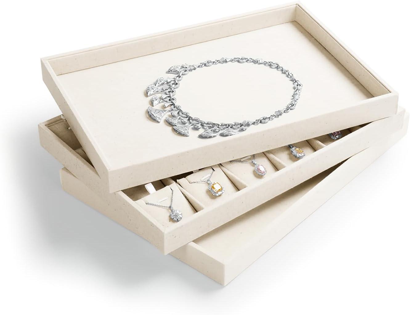 Elegant Beige Linen 24-Compartment Jewelry Tray Organizer