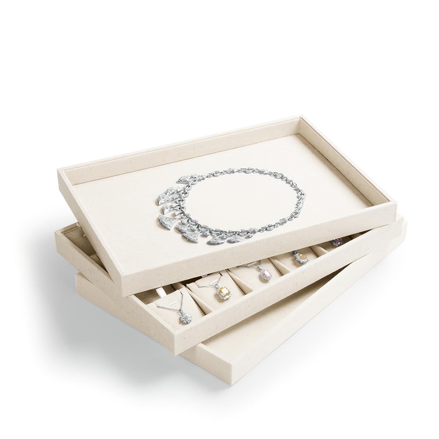 Elegant Beige Linen 24-Compartment Jewelry Tray Organizer
