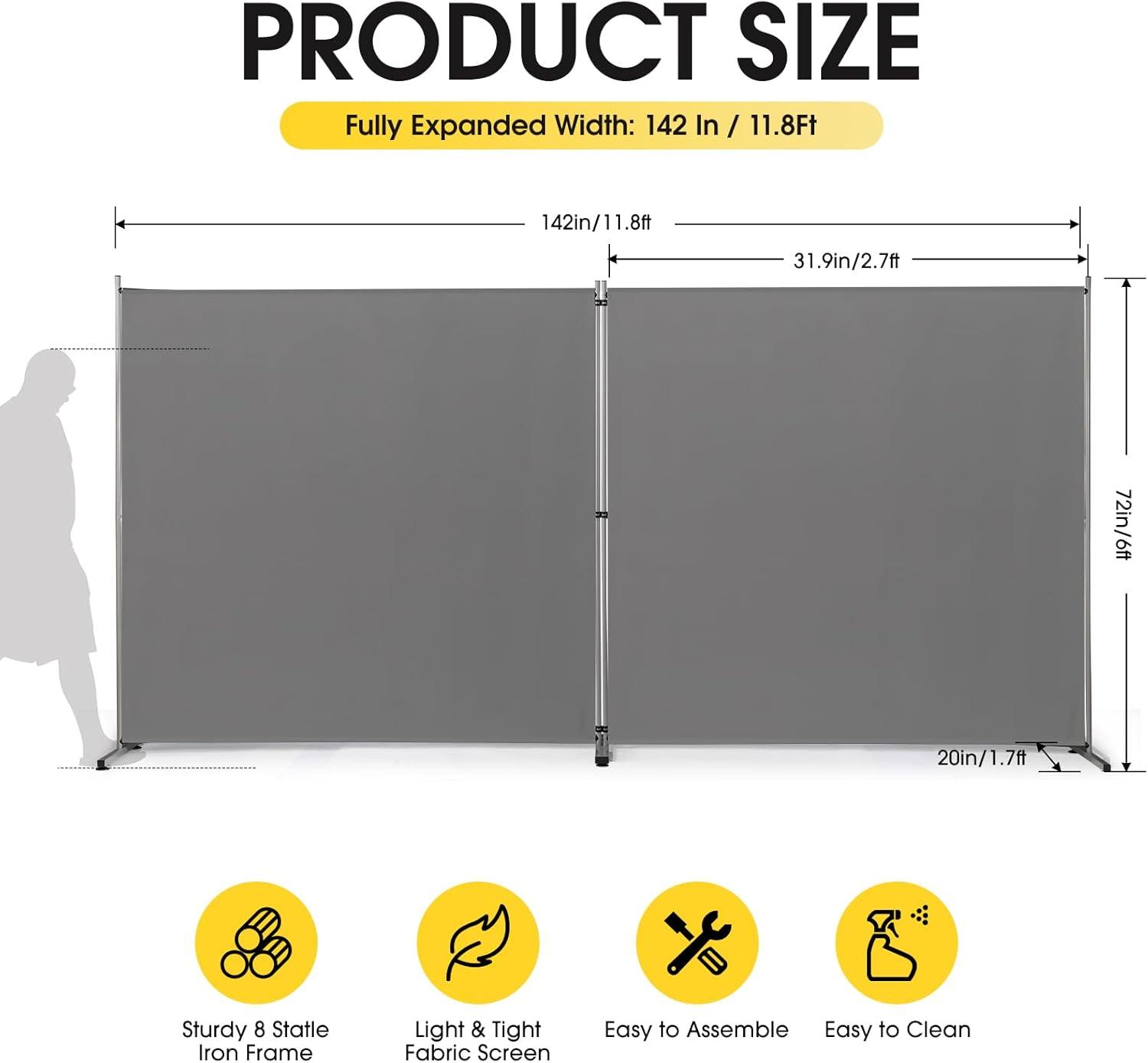 Indoor Room Divider, Portable Office Divider, Room Divider Wall Screen 2 Large Panel, Folding Partition Privacy Screen Walls Dividers for Room Separator 142" W x 71" H,Gray,Grey