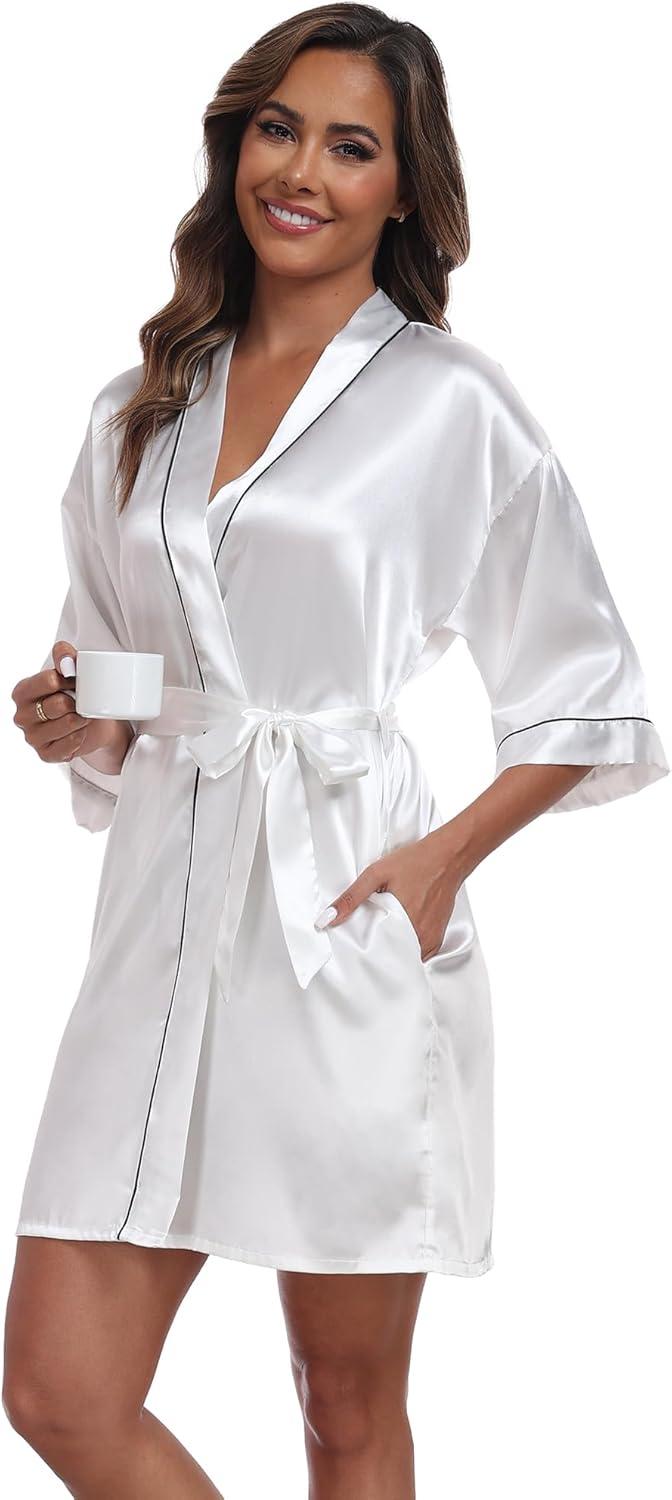 ZZwxWA Batas de Seda para Mujer con Cinturón Dama de Honor Fiesta de Boda Bata de Baño de Kimono Satinado Camisón de Media Manga Ropa de Dormir