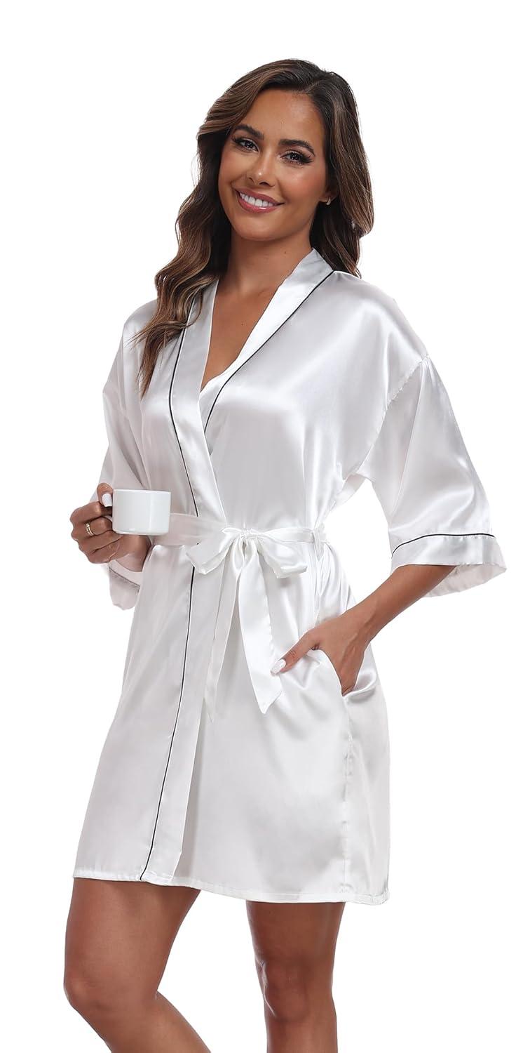 ZZwxWA Batas de Seda para Mujer con Cinturón Dama de Honor Fiesta de Boda Bata de Baño de Kimono Satinado Camisón de Media Manga Ropa de Dormir
