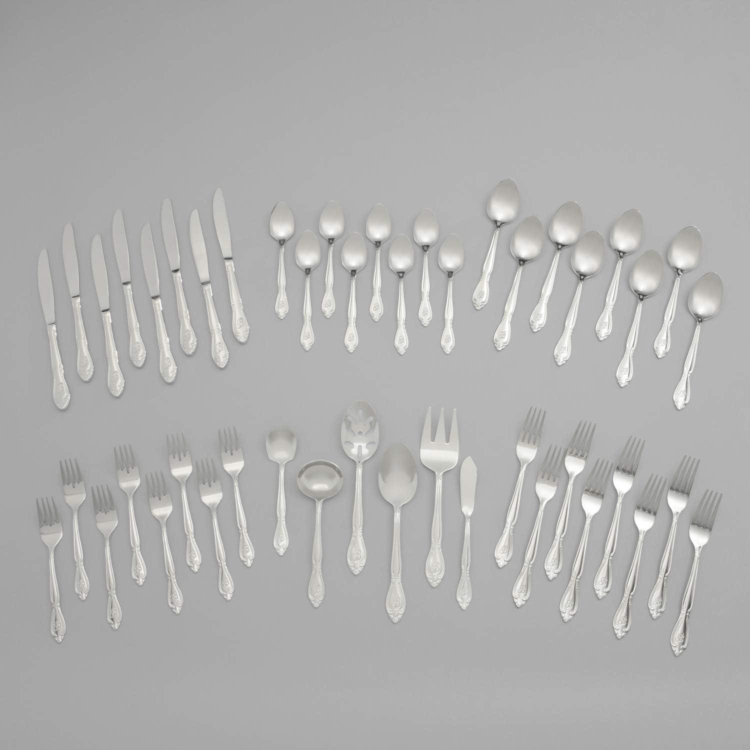 RiverRidge Home RiverRidge Rose Flatware 46-Piece Monogrammed Stainless Steel Silverware Set for 8