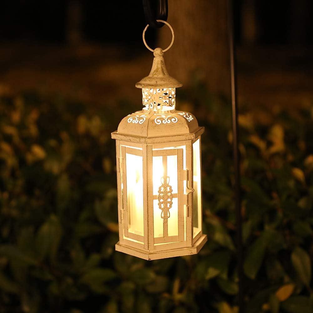 JHY DESIGN Decorative Candle lantern-10inch High Vintage Style Hanging Lantern Metal Candleholder for Indoor Outdoor Events Parities and Weddings (White with Gold Brush)