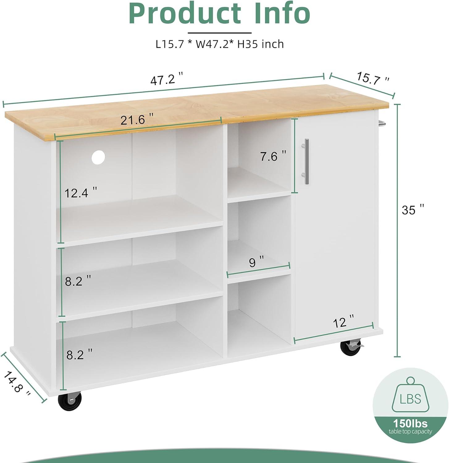 Sobaniilo Small Kitchen Island on Wheels with 3-Tier Side Spice Rack and Rubber Wood Top, Trolley Cart with Storage Cabinet & Drawer and Handle/Towel Rack, White