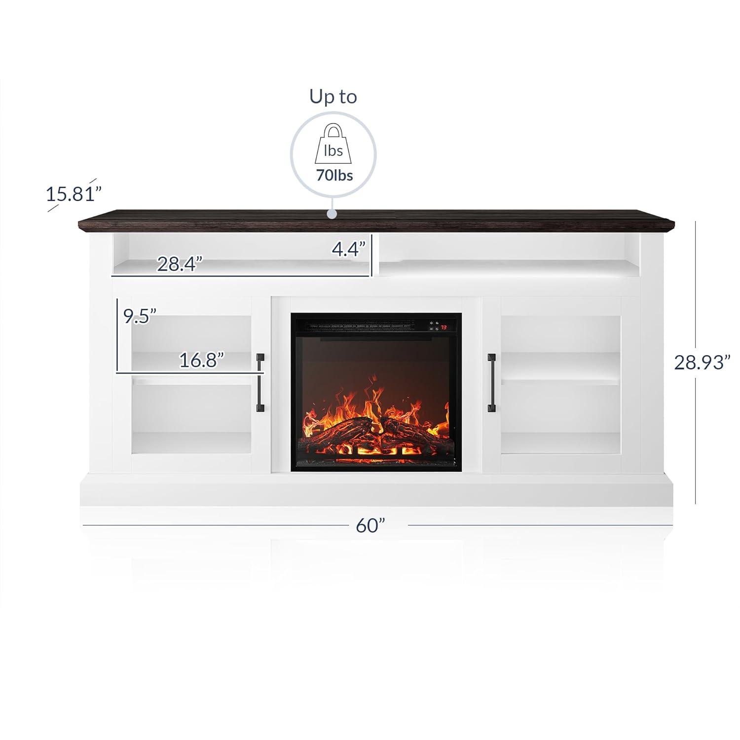 BELLEZE Modern 60 Inch Traditional TV Stand with 18 Inch Electric Fireplace & Media Entertainment Center Console Table for TV up to 65 Inch with Open Storage Shelves & Cabinets - Cayman (White)