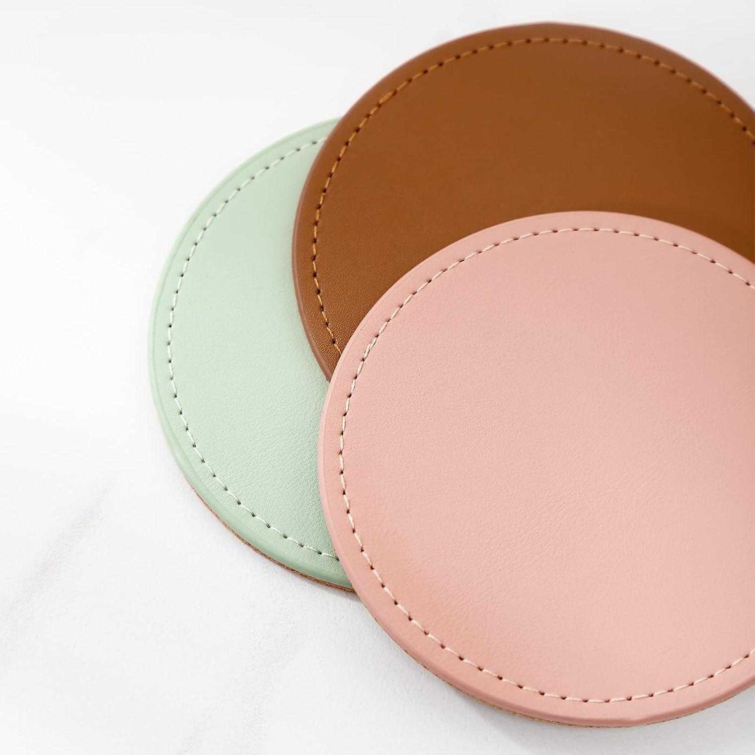 Pink PU Leather Coasters with Gold Metal Holder, Set of 6