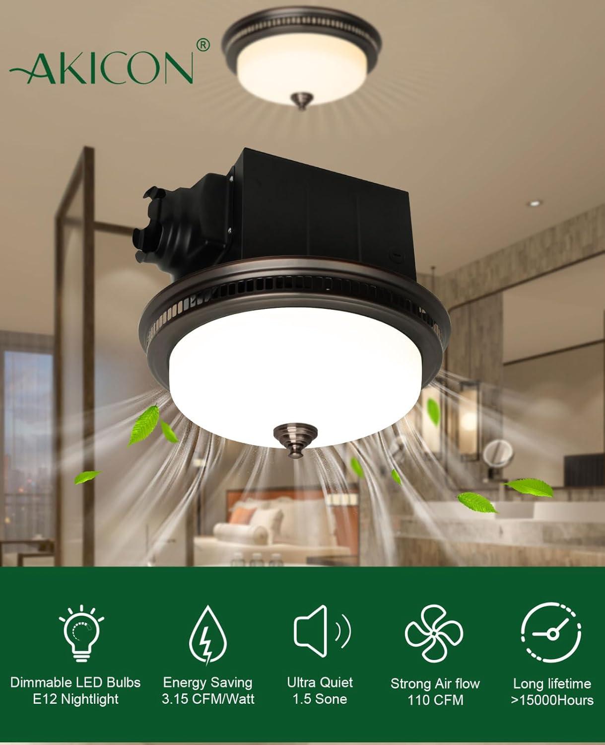 Exhaust Fan, Ultra Quiet 110 CFM 1.5 Sones Ventilation Exhaust Bathroom Fan with Light and Nightlight, 3 Years Warranty Oil Rubbed Bronze