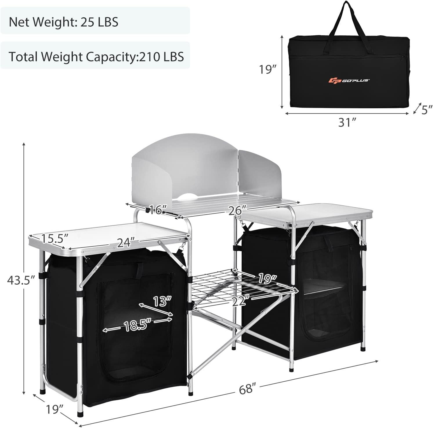 Black Aluminum Folding Camping Kitchen Table with Storage and Windscreen