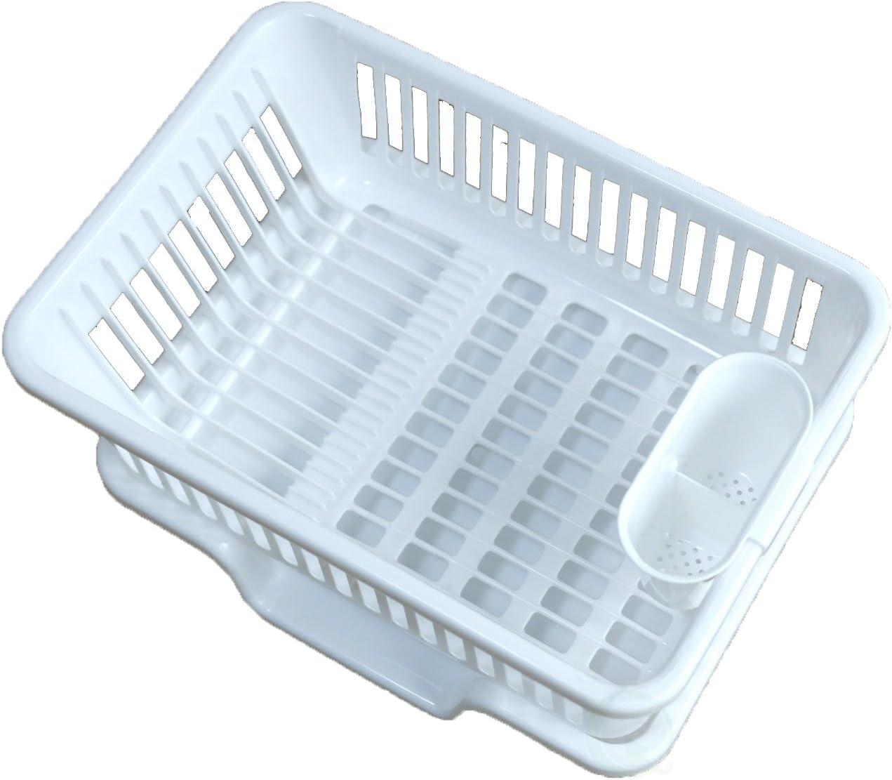 Basicwise Heavy Duty 2-Piece Plastic Dish Drying Rack Set in White - Includes Large Dish Drainer, Attached Drainboard, and Utensil Cup Holders for Home Kitchen Countertop Organization
