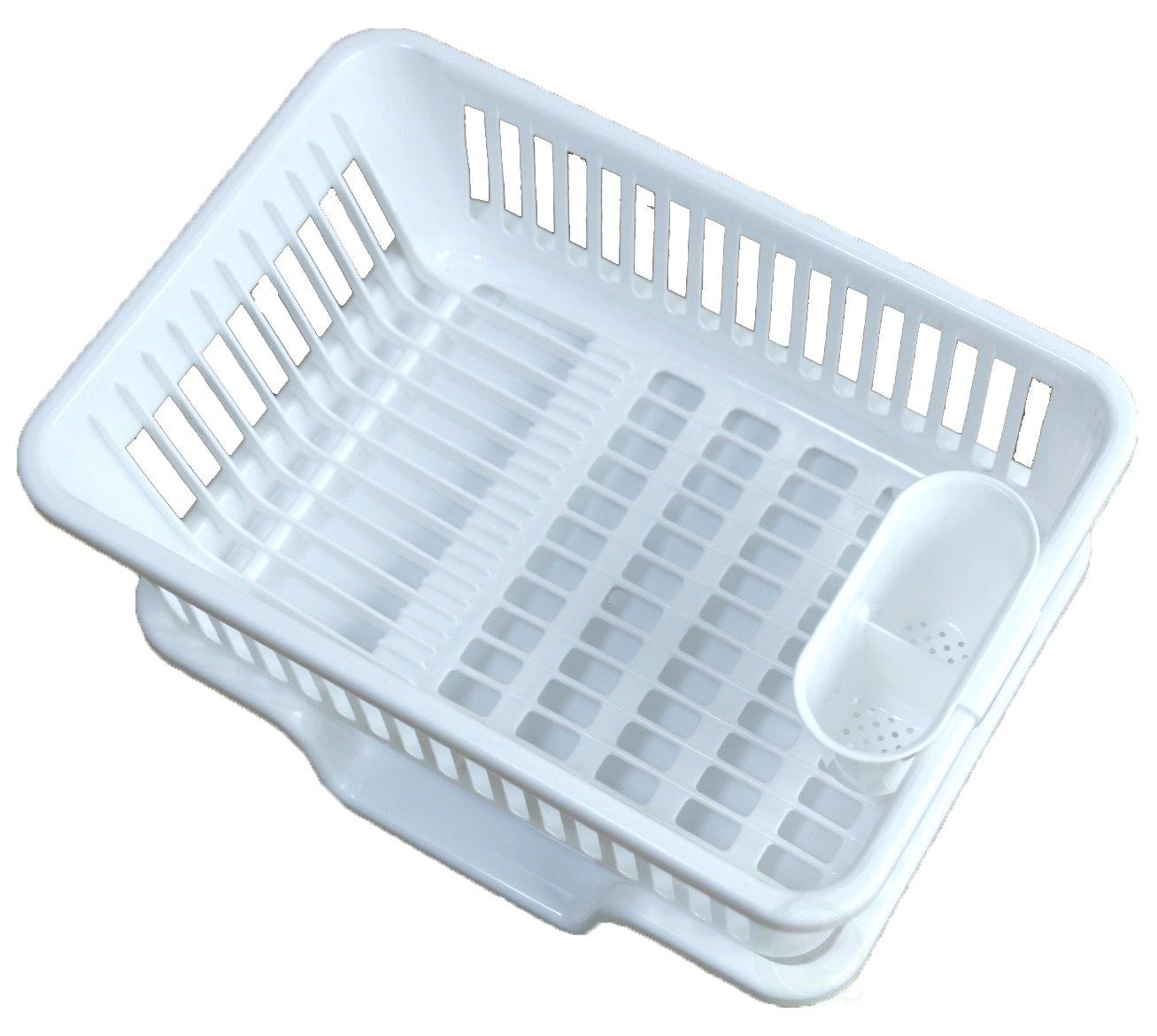 Basicwise Heavy Duty 2-Piece Plastic Dish Drying Rack Set in White - Includes Large Dish Drainer, Attached Drainboard, and Utensil Cup Holders for Home Kitchen Countertop Organization