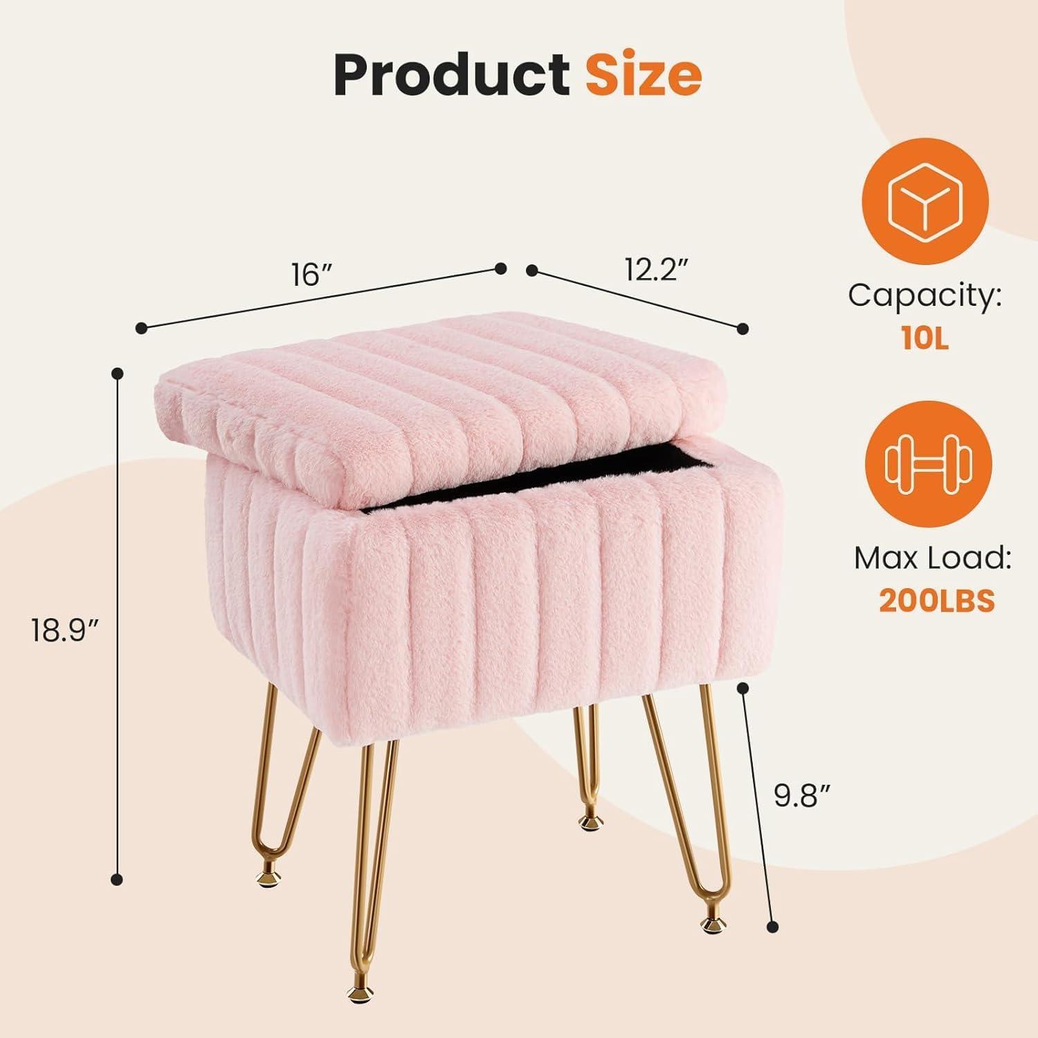 Vanity Stool Chair with Storage, Ottoman Faux Fur Soft Padded Makeup Footstools Seat with 4 Metal Legs