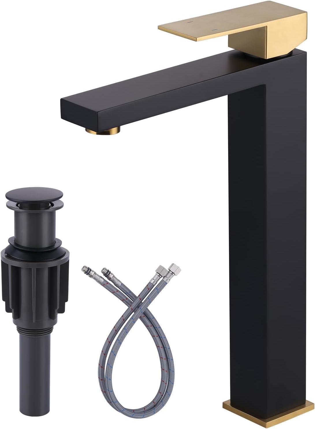 Tall Matte Black and Gold Stainless Steel Bathroom Faucet