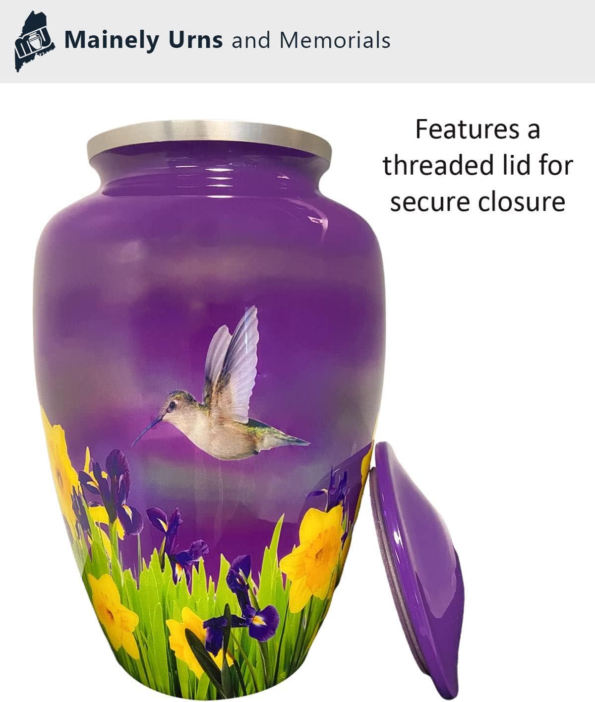 Mystic Hummingbird Adult Urn for Ashes - 200 Cubic Inch Capacity Cremation Urn - Large Metal Urn for Human Ashes - Gorgeous Purple Urn with Yellow Flowers and Gray & Blue Hummingbird