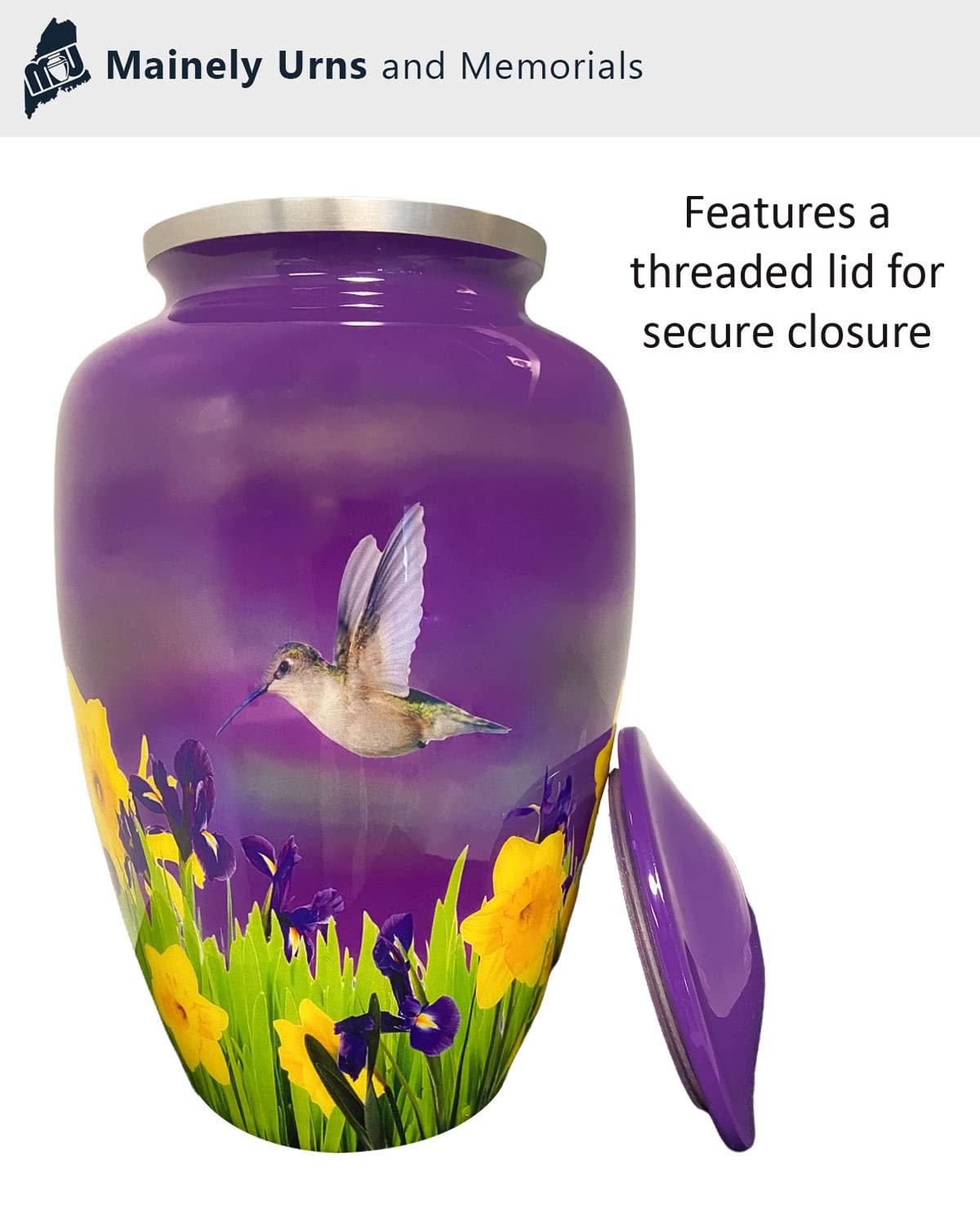 Mystic Hummingbird Adult Urn for Ashes - 200 Cubic Inch Capacity Cremation Urn - Large Metal Urn for Human Ashes - Gorgeous Purple Urn with Yellow Flowers and Gray & Blue Hummingbird