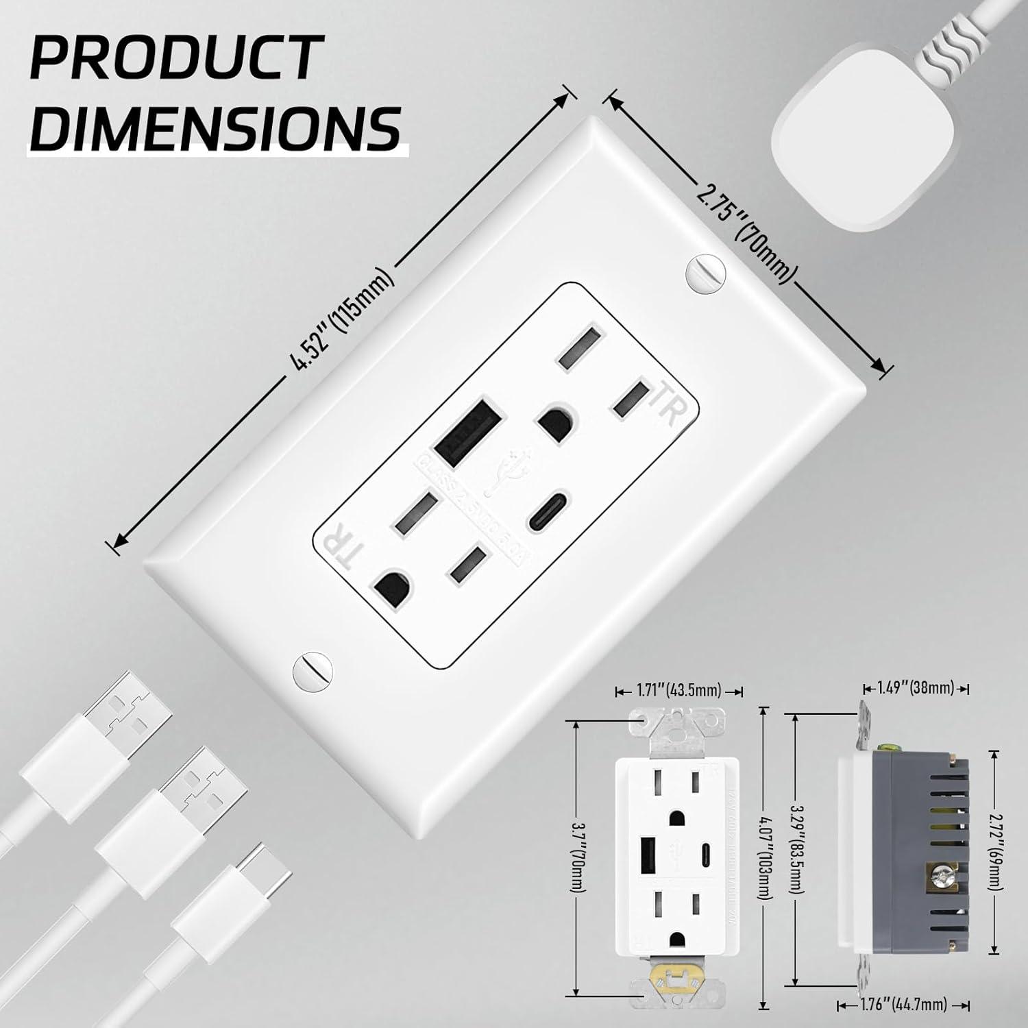 USB Outlet Receptacle, Tamper-Resistant Outlet with USB C & USB A Wall Charger Outlet, 5.0A Electrical USB Outlet, UL & CUL Listed, Wall Plate Included, White