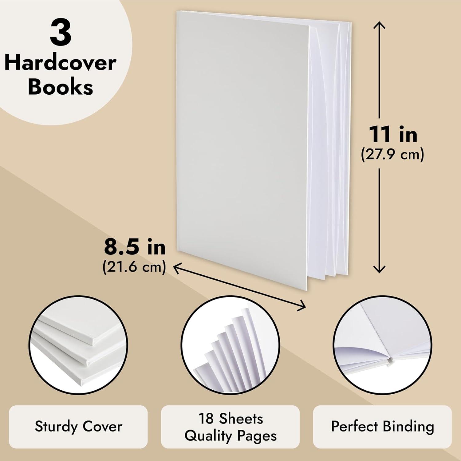 Paper Junkie White Hardcover Blank Books for Kids to Write Stories, 8.5x11 Unlined Journals for Students (36 Pages, 3 Pack)